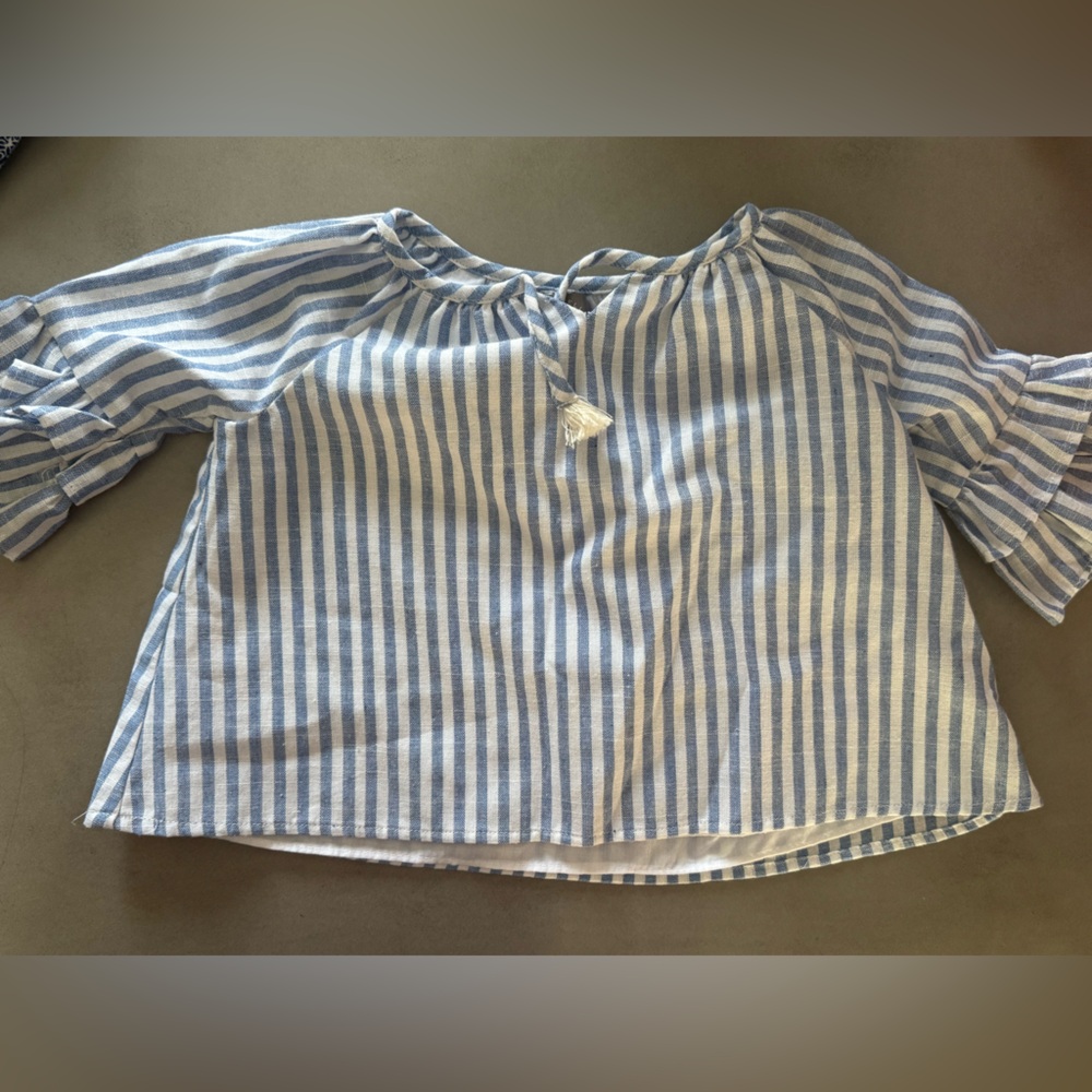 Pastourelle by Pippa & Julie Girls Blue Stripe Peasant Ruffle Top 12‎ Months